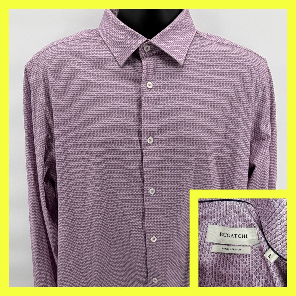 Bugatchi Button Up Shirt Mens L Purple 8-Way‎ Stretch Geometric Long Sleeve